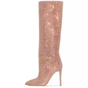Gorgeous blush pink suede crystal stiletto boots below the knee